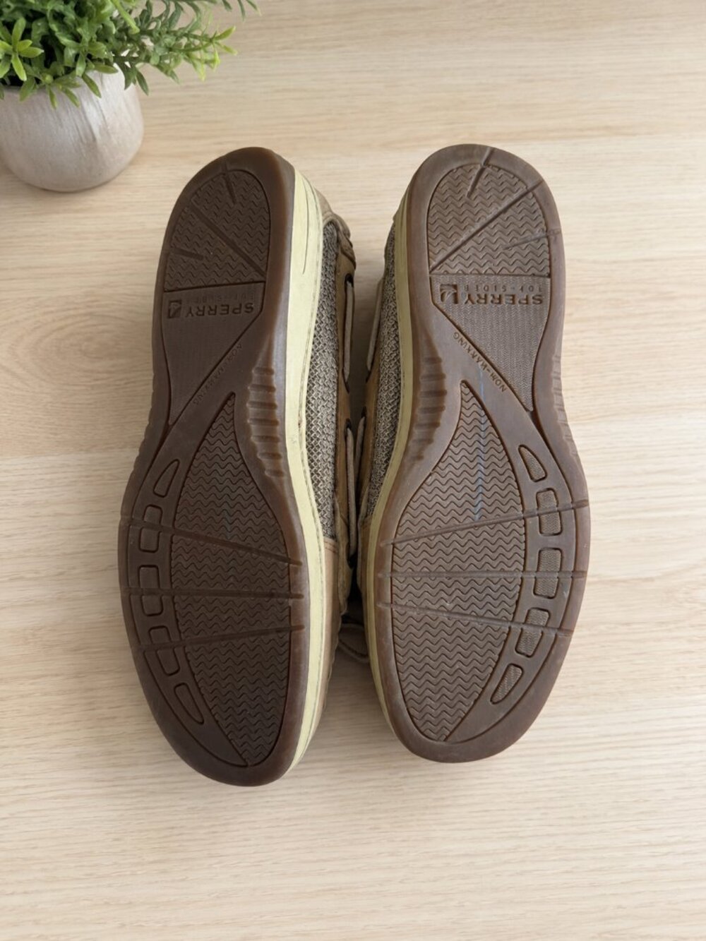 Sperry Top-Sider Boat Shoes Tan Beige Mesh Leather Slip On Loafers Women’s 6.5w - Picture 3 of 8